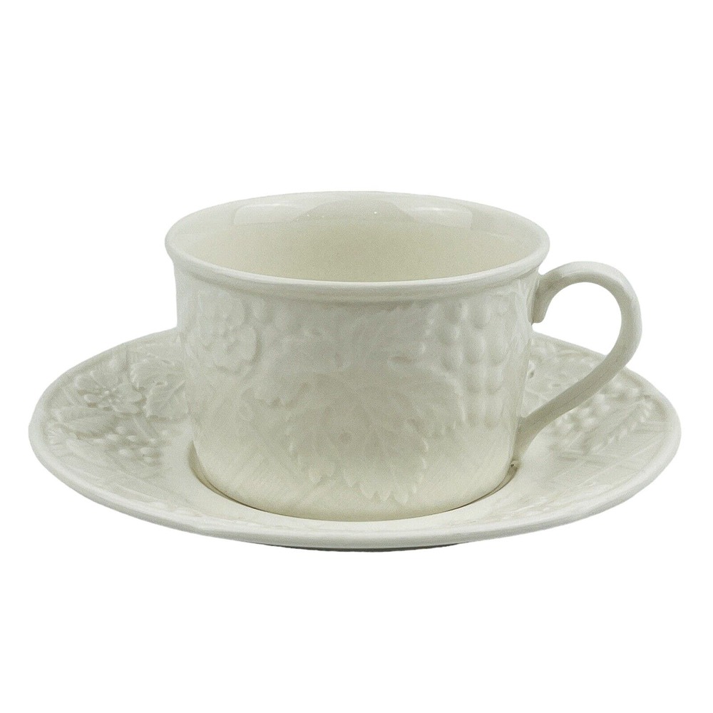 Mikasa English Countryside Flat Cup & Saucer Set White Stoneware Embossed Fruit